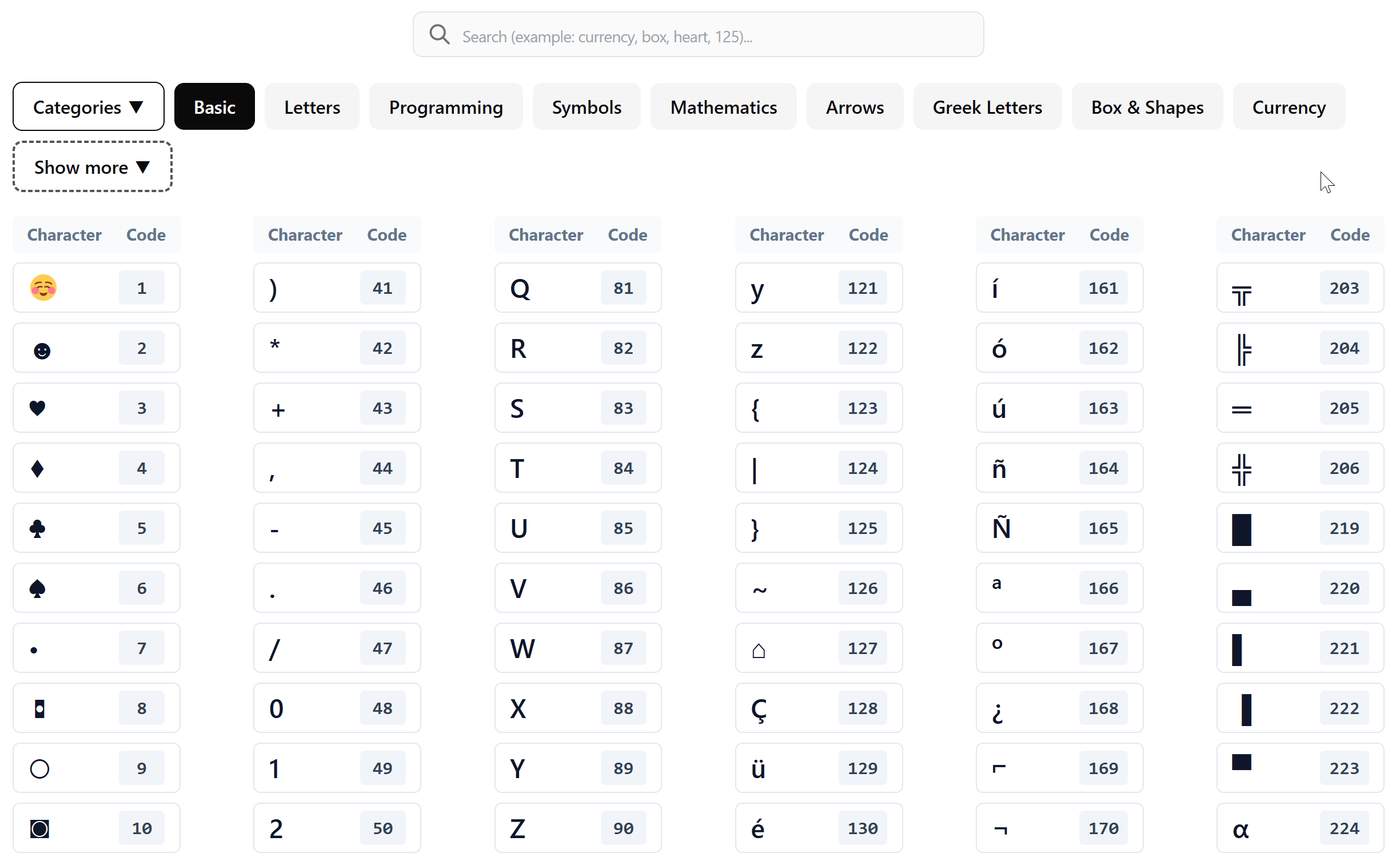Alt code list with decimal numbers
