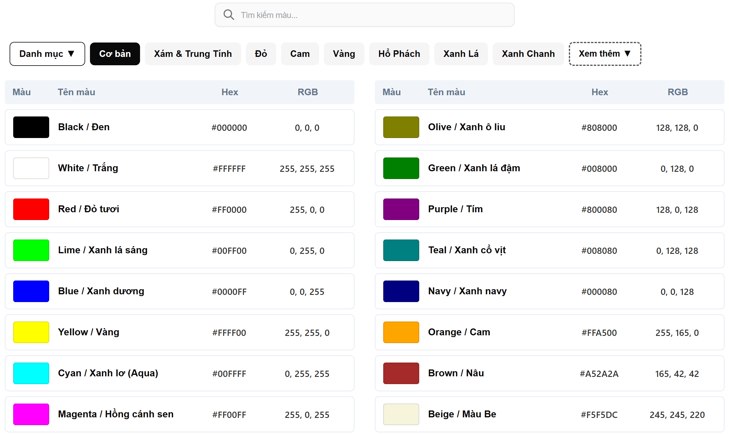 Bảng mã màu HEX, RGB đầy đủ