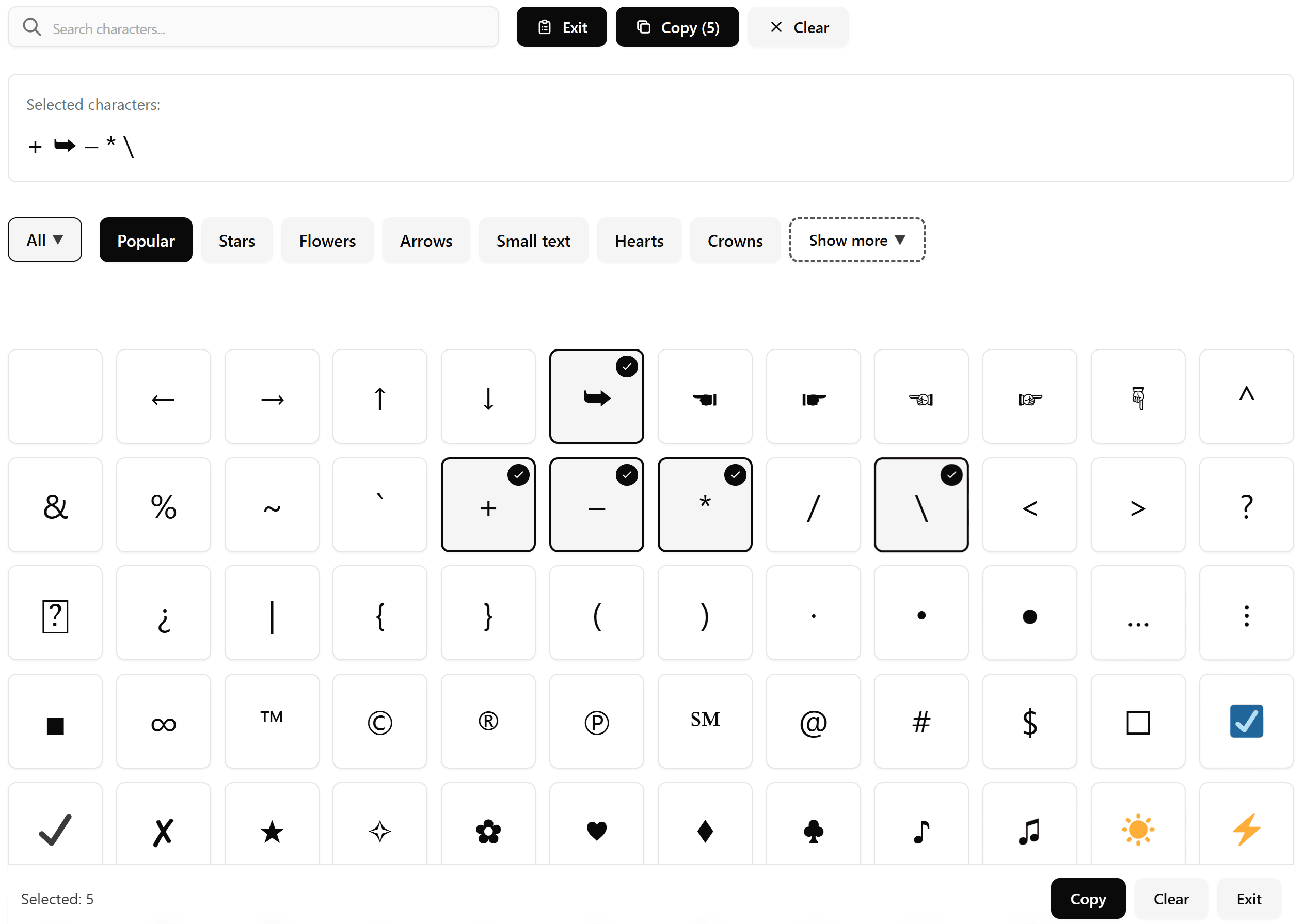 Special characters and symbols