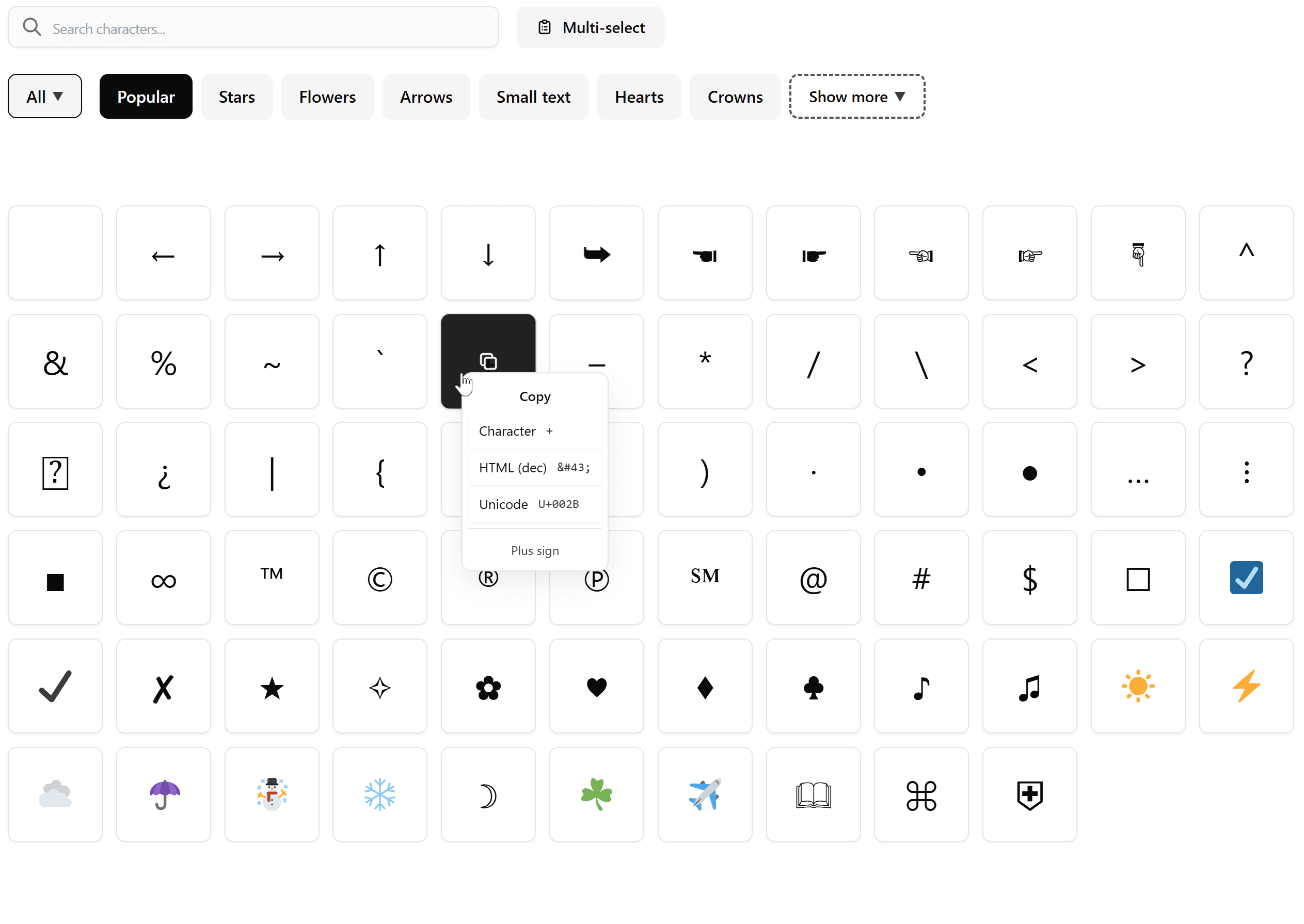 Special characters and symbols